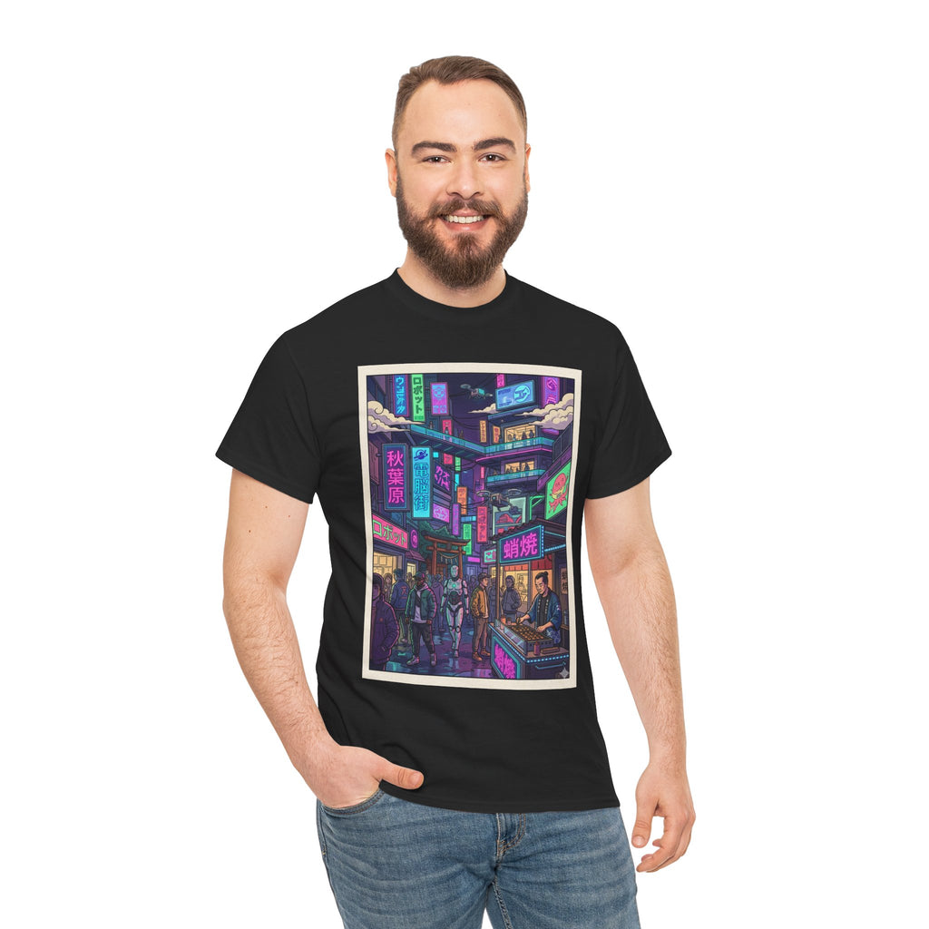 Cyberpunk City Streets Graphic Tee — Neon Night Market Illustration