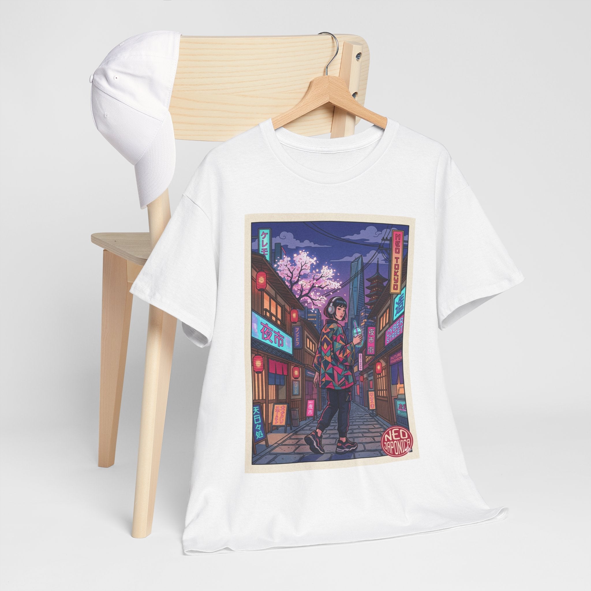 Anime Cyberpunk Streetwear Tee — Neon Night Sakura Print - Japanese Streetwear T-Shirt | Tokyo Style X