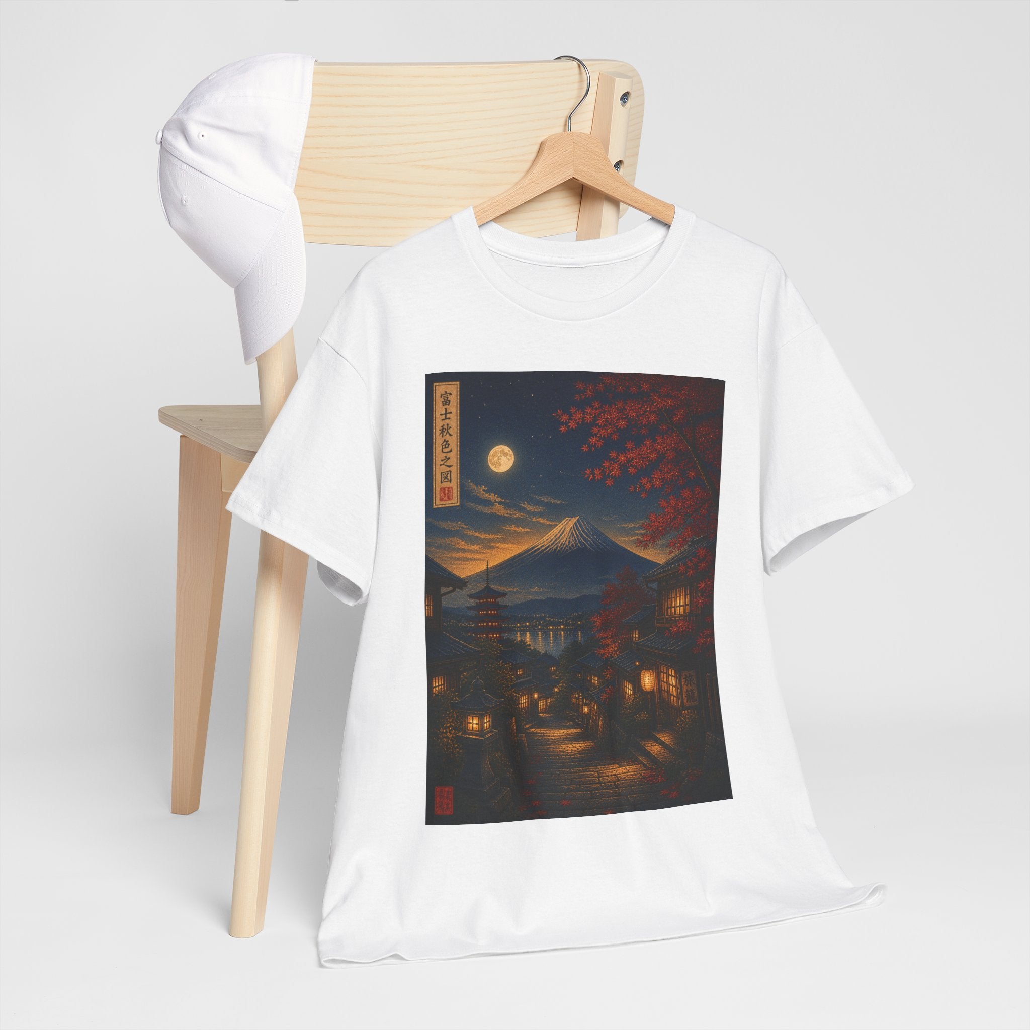 Japanese Nightscape T‑Shirt — Moonlit Mt. Fuji Village Art Tee