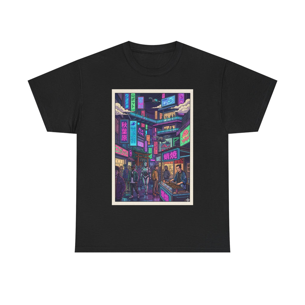 Cyberpunk City Streets Graphic Tee — Neon Night Market Illustration