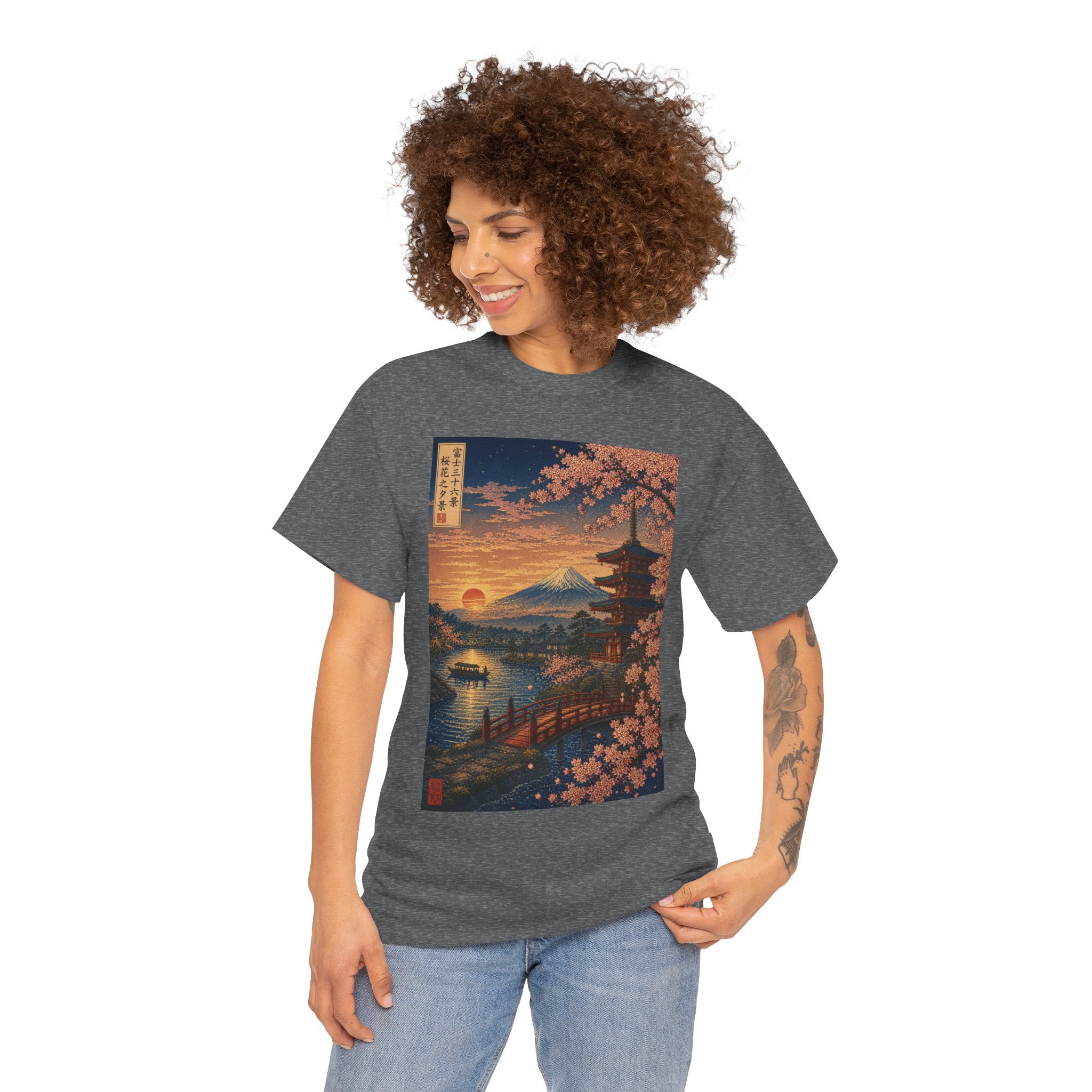 Japanese Sunset Landscape T-Shirt — Mount Fuji, Pagoda & Cherry Blossoms