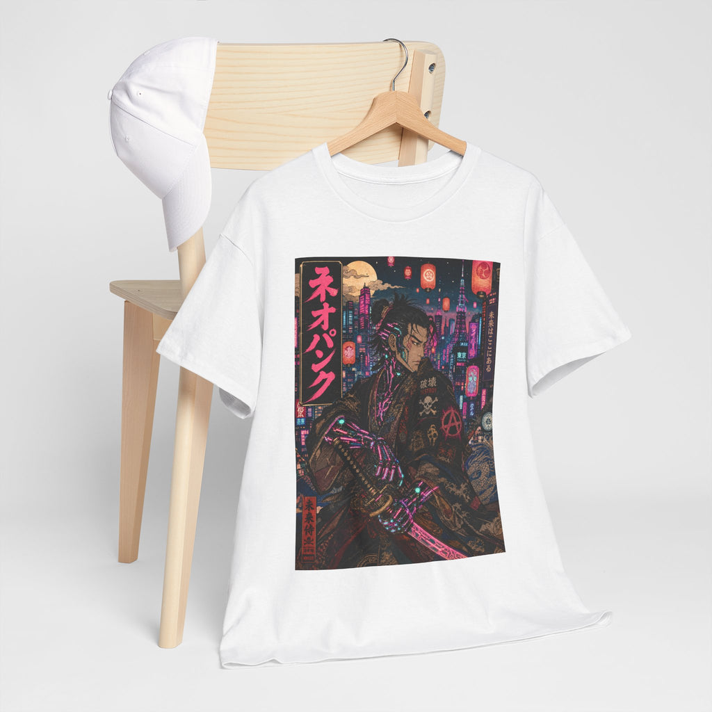 Cyberpunk Samurai T‑Shirt — Neon Night Streetwear with Japanese Text