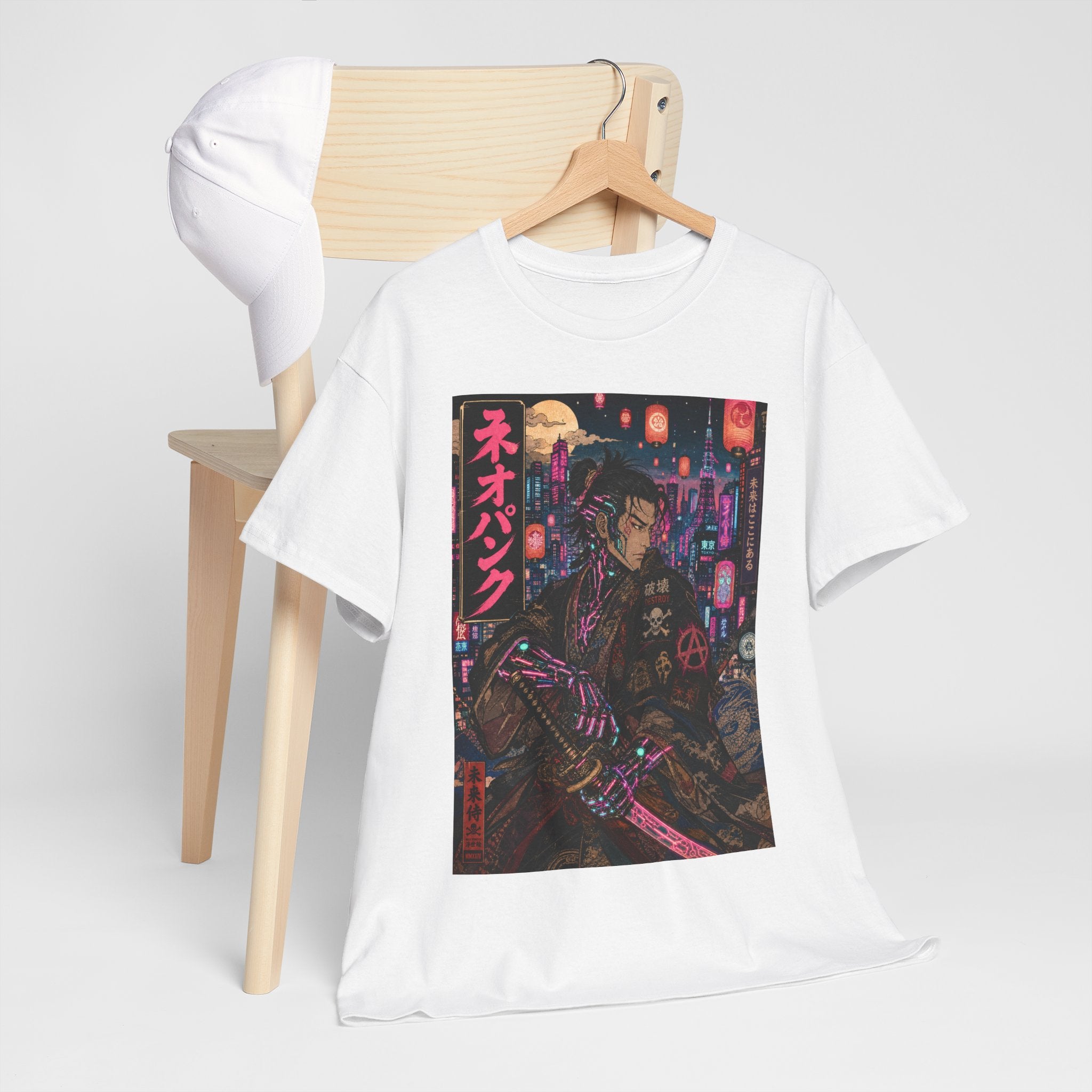 Cyberpunk Samurai T‑Shirt — Neon Night Streetwear with Japanese Text