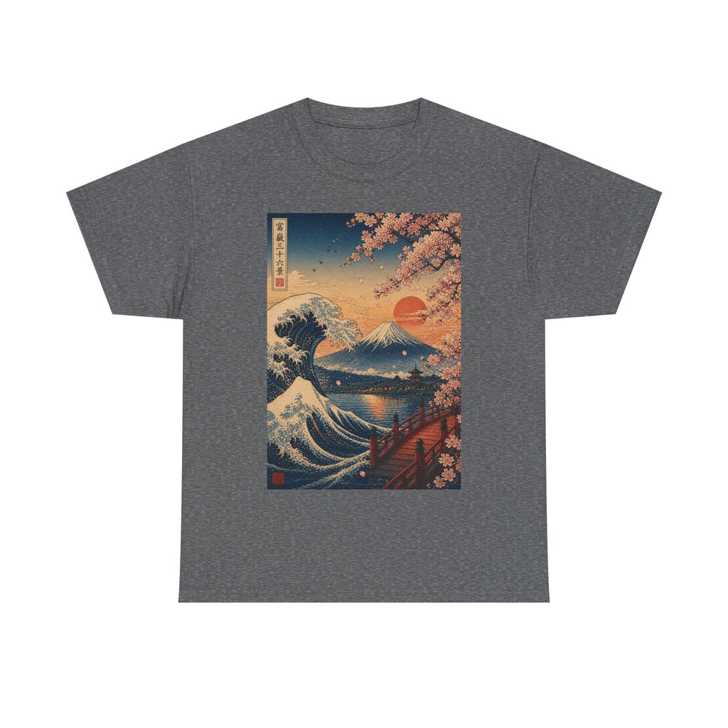 Japanese Wave & Cherry Blossom T-Shirt — Sunset Mount Fuji Graphic Tee