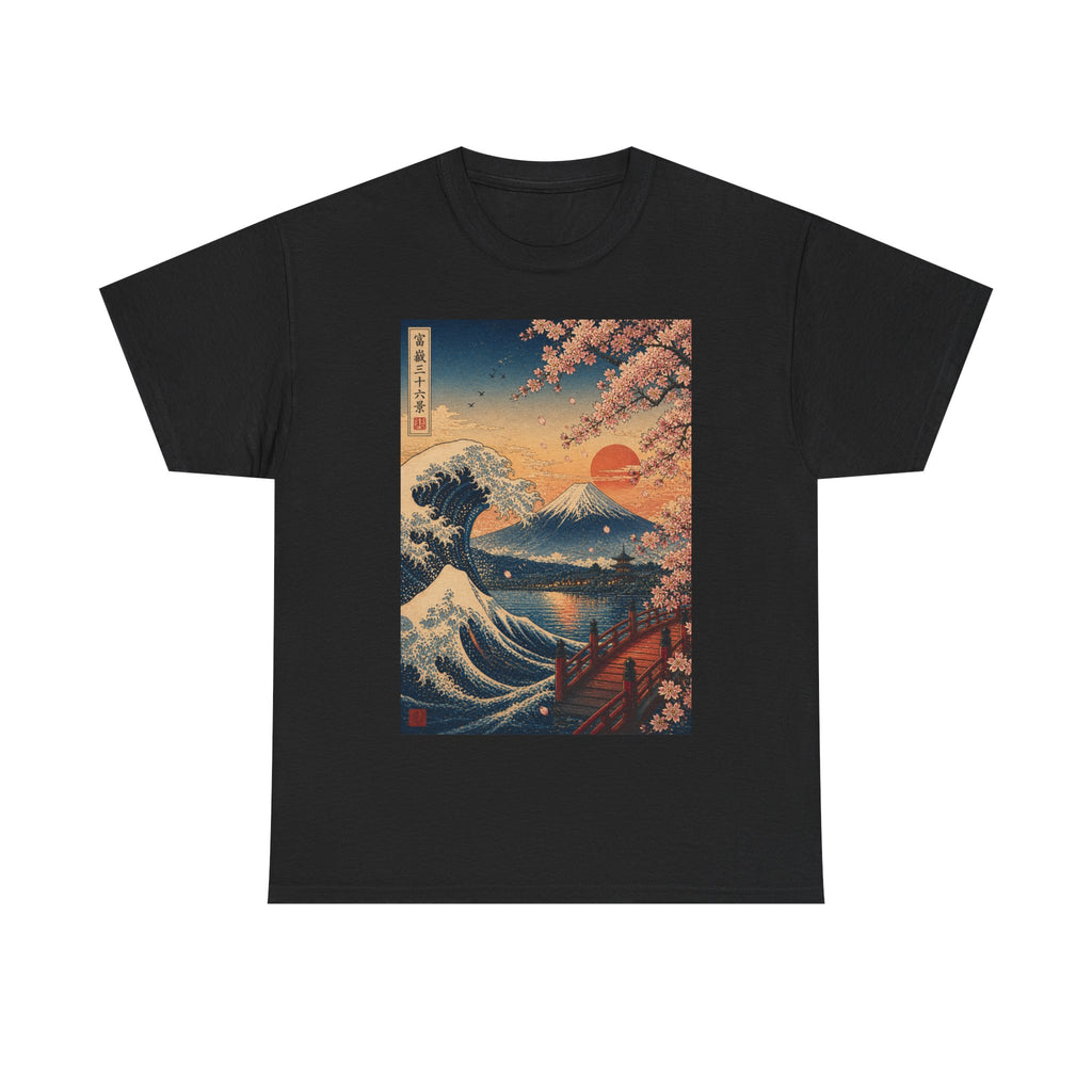 Japanese Wave & Cherry Blossom T-Shirt — Sunset Mount Fuji Graphic Tee
