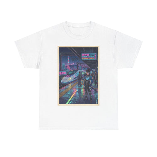 Cyberpunk Cityscape T-Shirt — Neon Train & Futuristic Rider Graphic Tee