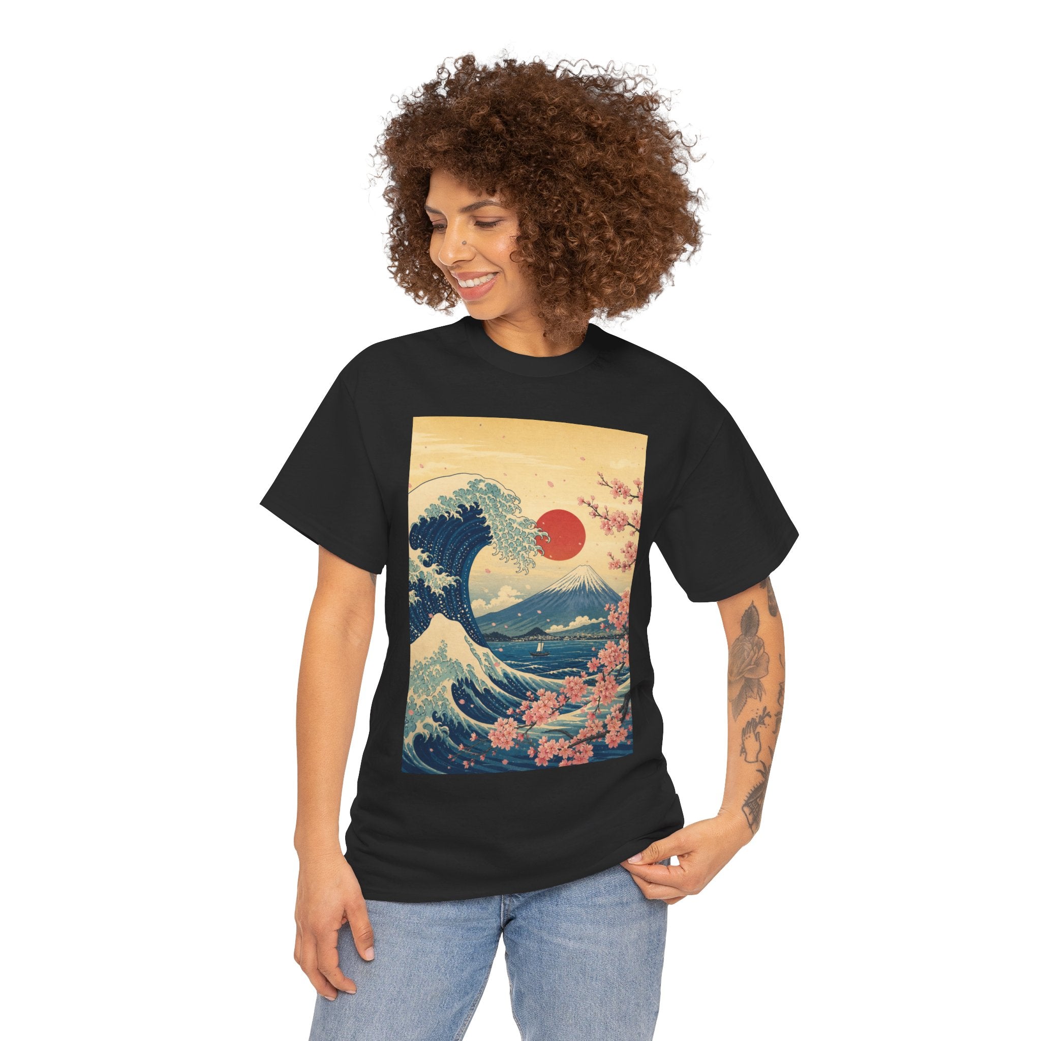 Vintage Japanese Wave Tee — Mount Fuji, Sakura & Red Sun Graphic T-Shirt