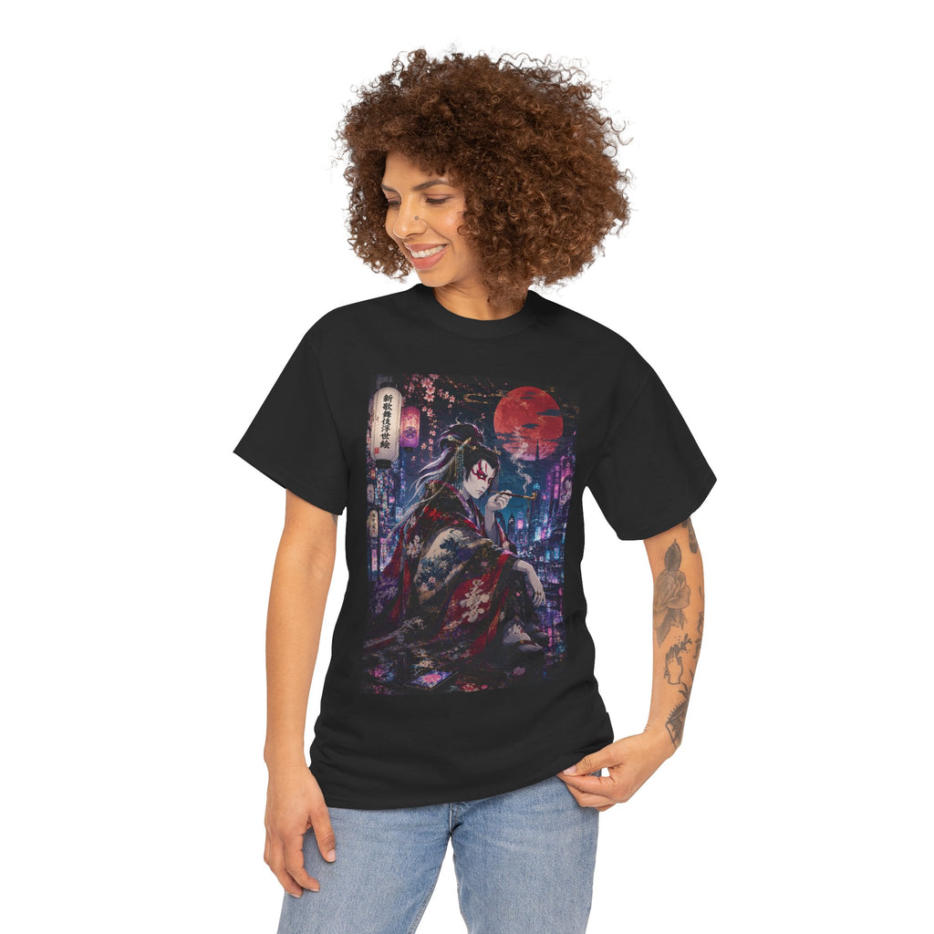 Anime Geisha Nightscape T-Shirt — Cyberpunk Kimono Art Tee