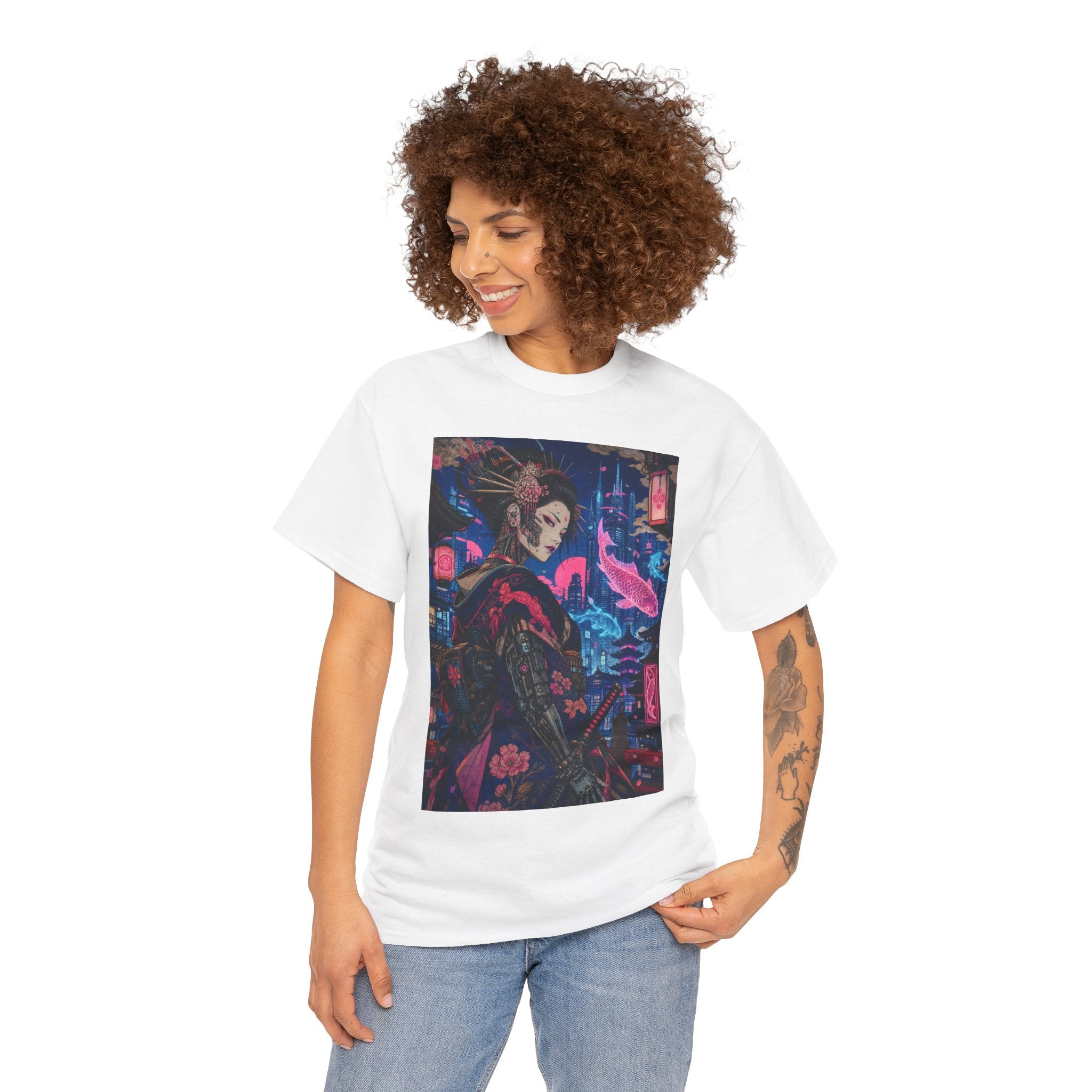 Cyberpunk Geisha Art Tee — Neon Tokyo Samurai Girl Graphic T-Shirt