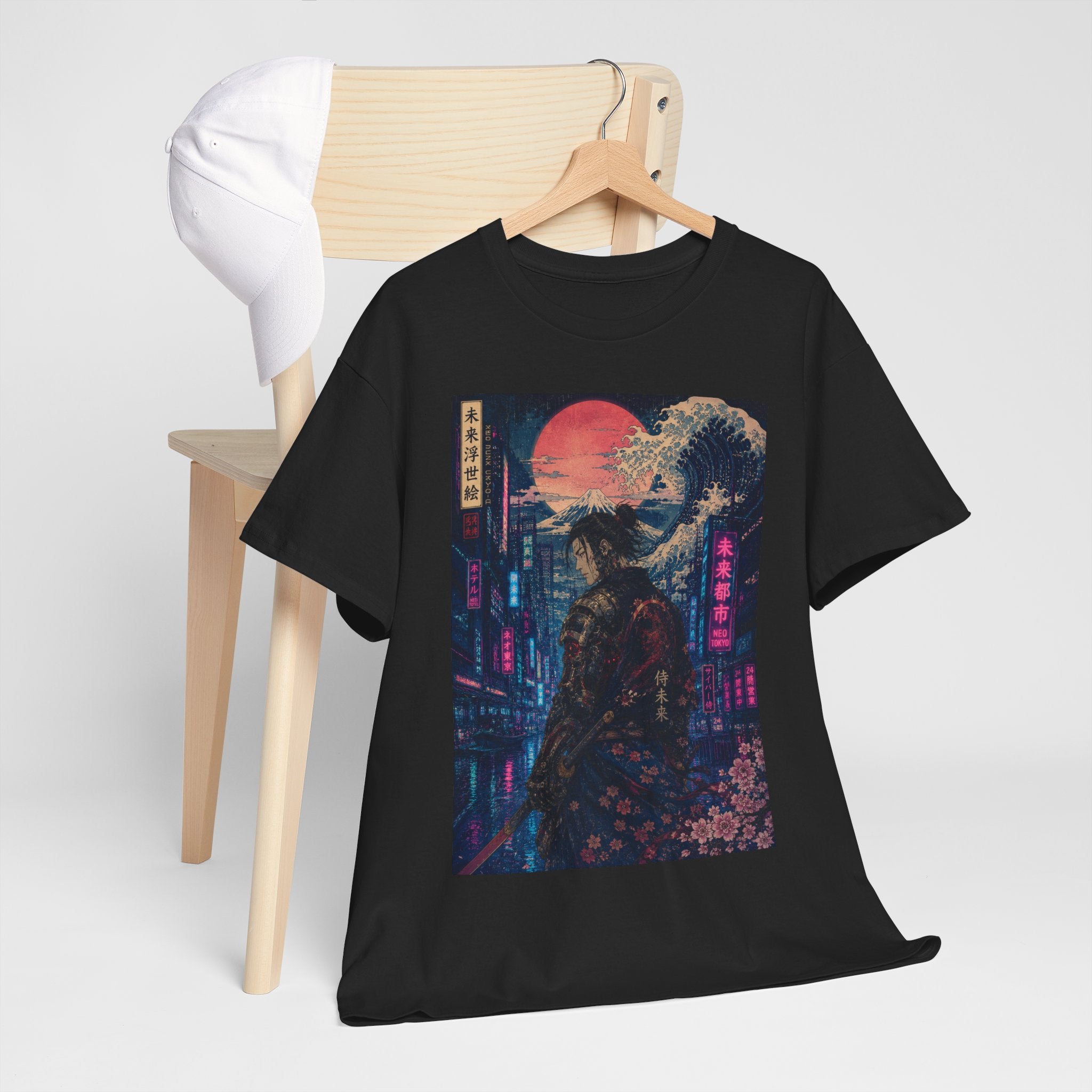Samurai Neon City T‑Shirt — Cyberpunk Moonlit Japanese Street Graphic Tee
