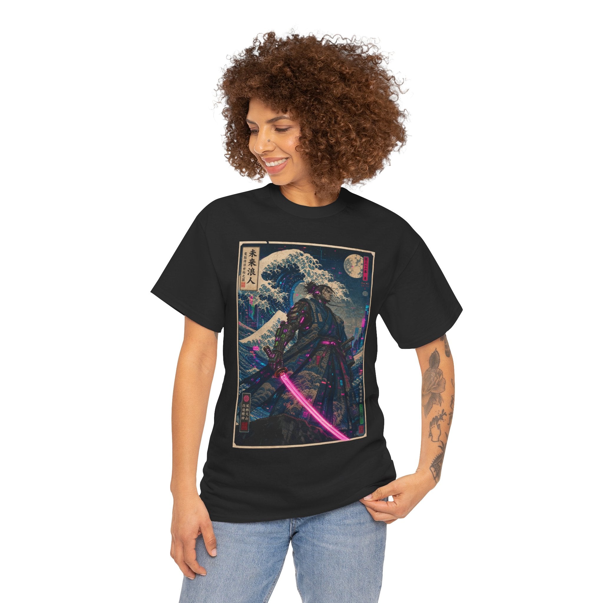 Samurai Neon Wave T-Shirt — Retro Cyberpunk Katana Graphic Tee - Japanese Streetwear T-Shirt | Tokyo Style X