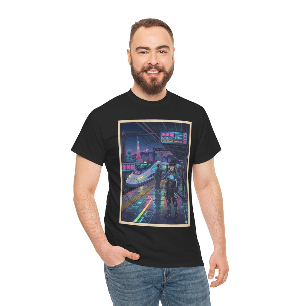 Cyberpunk Cityscape T-Shirt — Neon Train & Futuristic Rider Graphic Tee