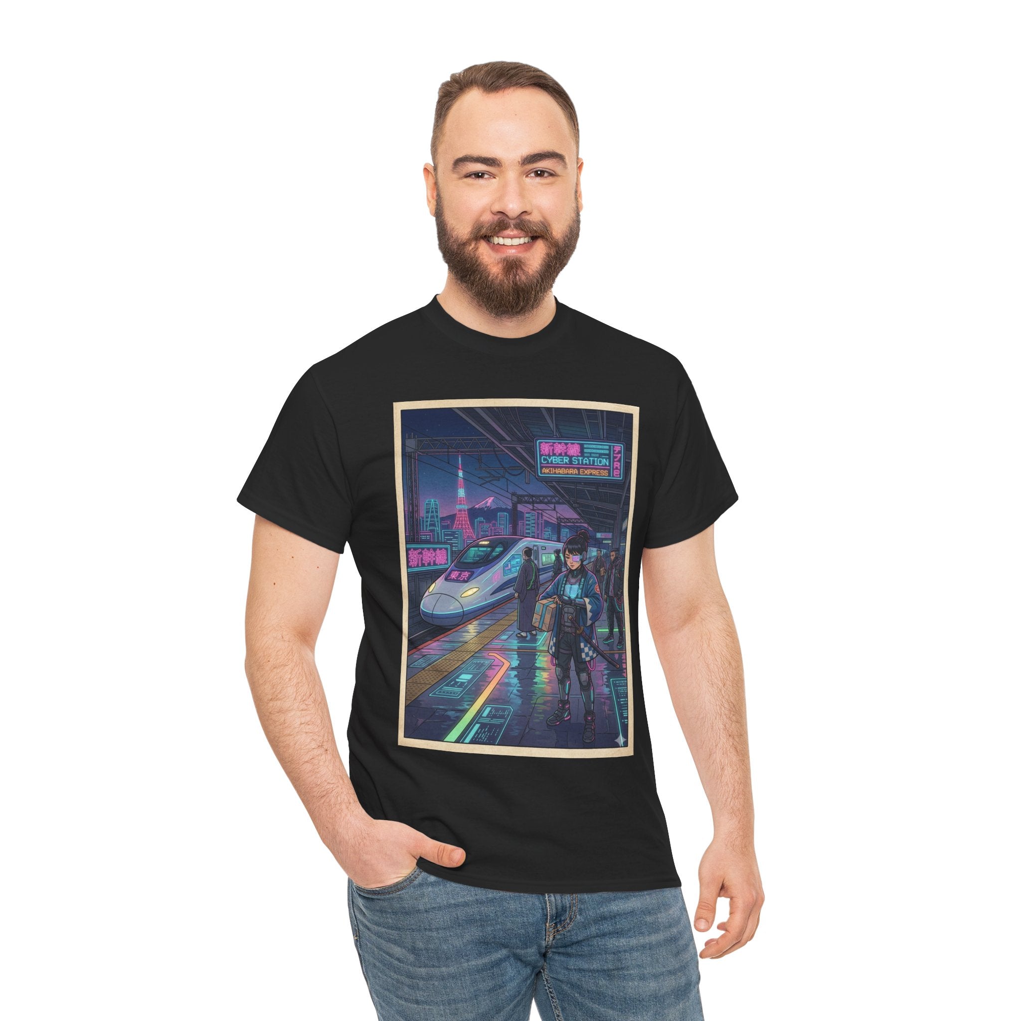 Cyberpunk Cityscape T-Shirt — Neon Train & Futuristic Rider Graphic Tee