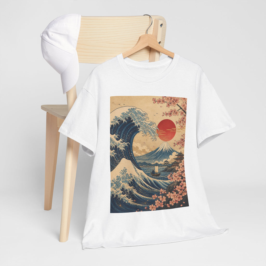 Vintage Japanese Wave Tee — Sakura Sunset Hokusai-Inspired Graphic Shirt