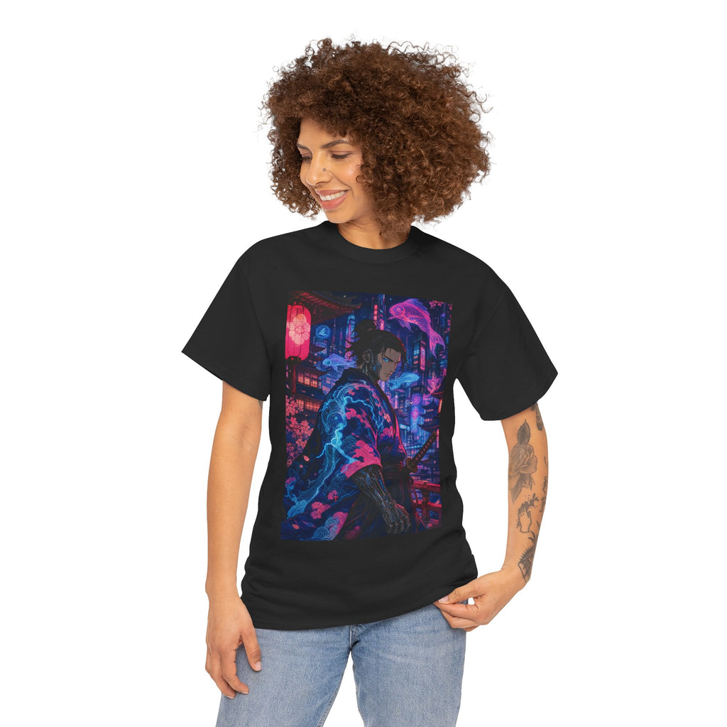 Cyberpunk Samurai T-Shirt — Neon City Nightscape Graphic Tee