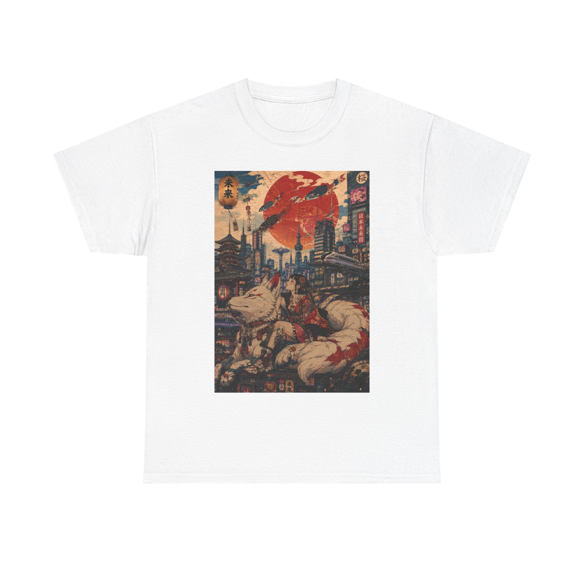 Graphic Tee — Cyberpunk Samurai Cityscape with Sleeping Fox - Japanese Streetwear T-Shirt | Tokyo Style X