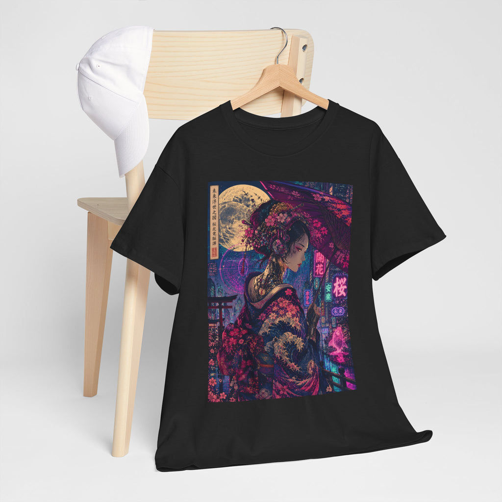 Geisha Neon Nights T-Shirt — Moonlit Sakura Cyberpunk Art Tee - Japanese Streetwear T-Shirt | Tokyo Style X