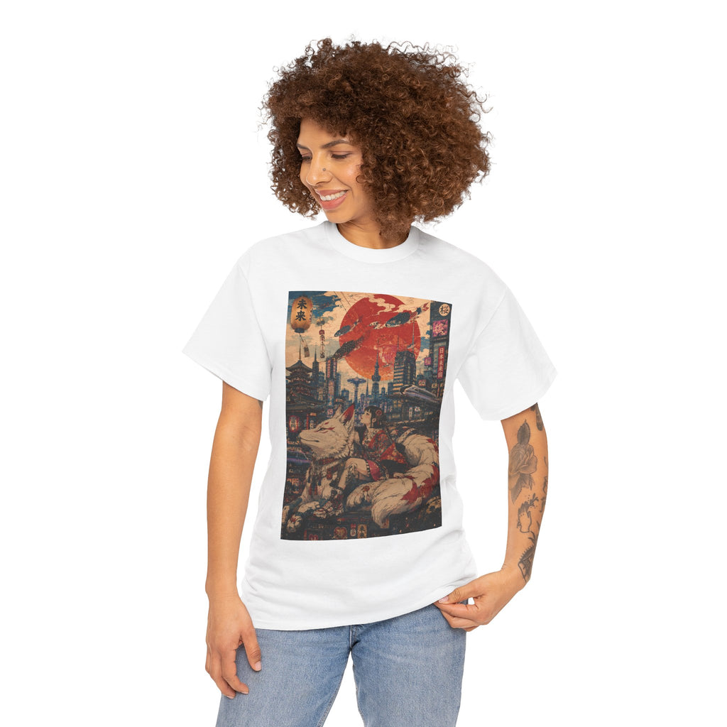 Graphic Tee — Cyberpunk Samurai Cityscape with Sleeping Fox - Japanese Streetwear T-Shirt | Tokyo Style X