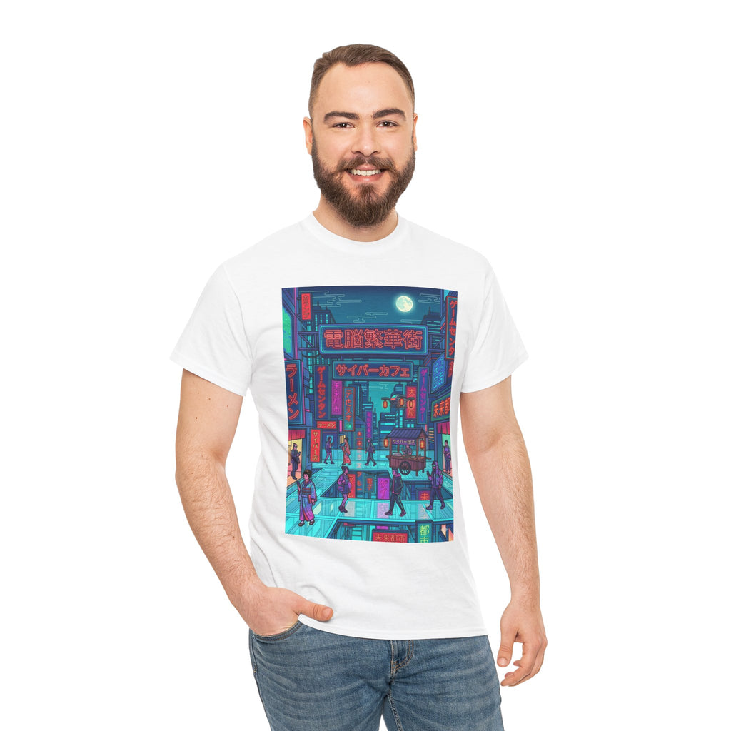 Cyberpunk Cityscape Tee — Neon Tokyo Street Scene Graphic T‑Shirt