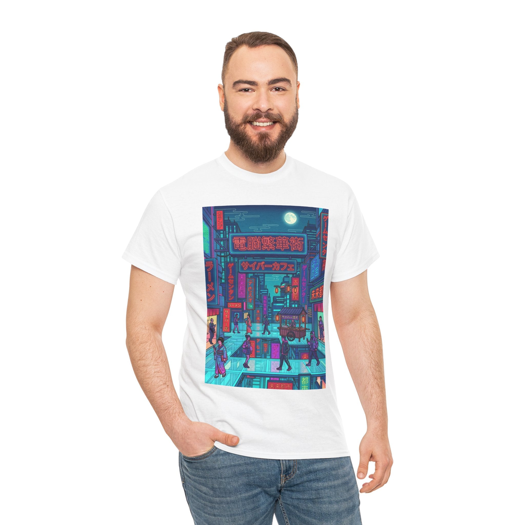 Cyberpunk Cityscape Tee — Neon Tokyo Street Scene Graphic T‑Shirt