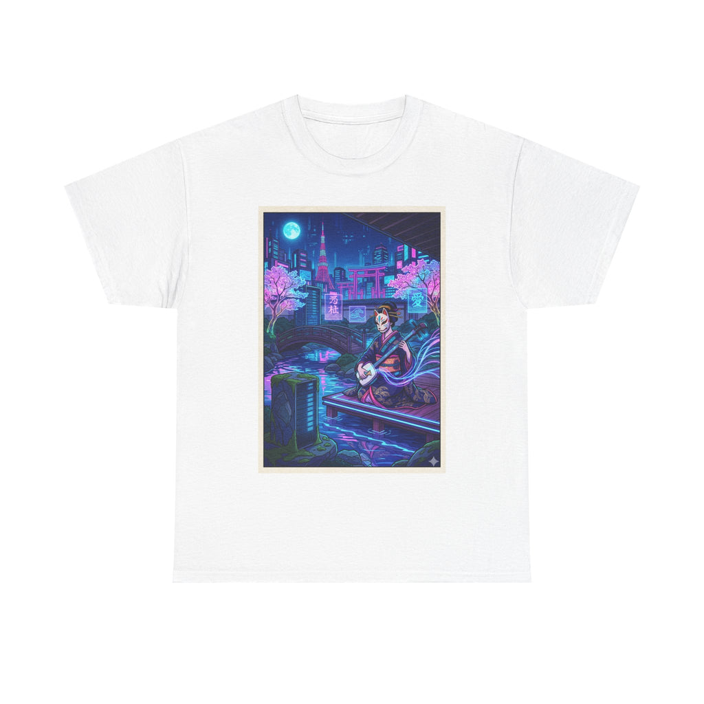 Anime Cyberpunk Guitarist T‑Shirt — Neon City Nightscape Tee