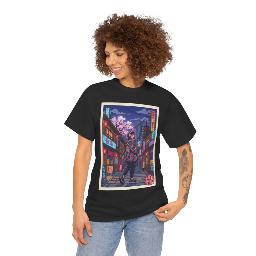 Anime Cyberpunk Streetwear Tee — Neon Night Sakura Print - Japanese Streetwear T-Shirt | Tokyo Style X