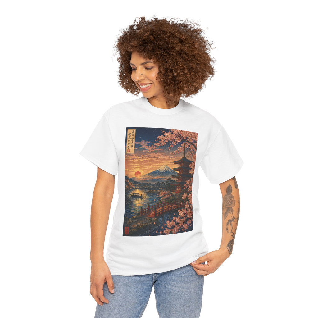 Japanese Sunset Landscape T-Shirt — Mount Fuji, Pagoda & Cherry Blossoms