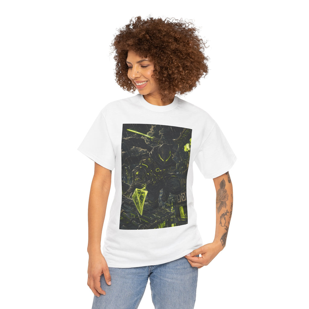 Neon Cyberpunk Graphic Tee — Dark Futuristic Cityscape Design