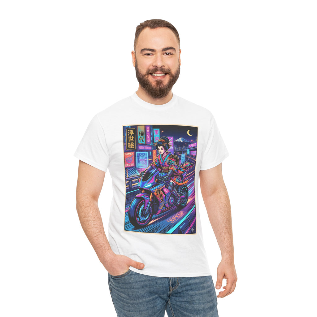 Neon Samurai Motorcycle Tee — Cyberpunk Night Rider Graphic T-Shirt