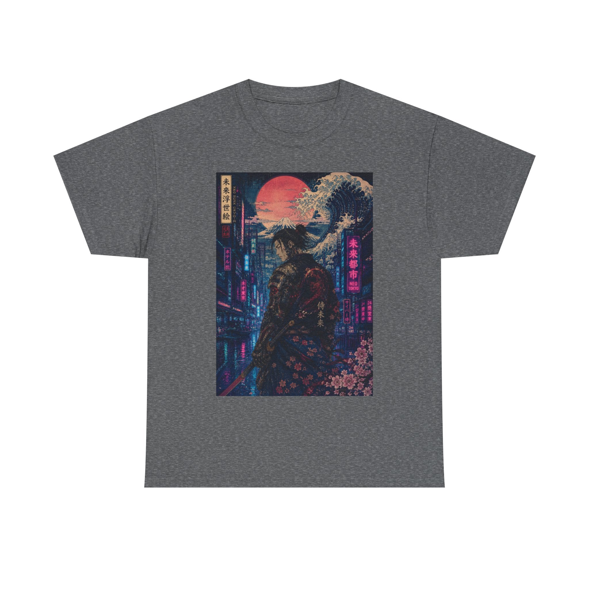 Samurai Neon City T‑Shirt — Cyberpunk Moonlit Japanese Street Graphic Tee