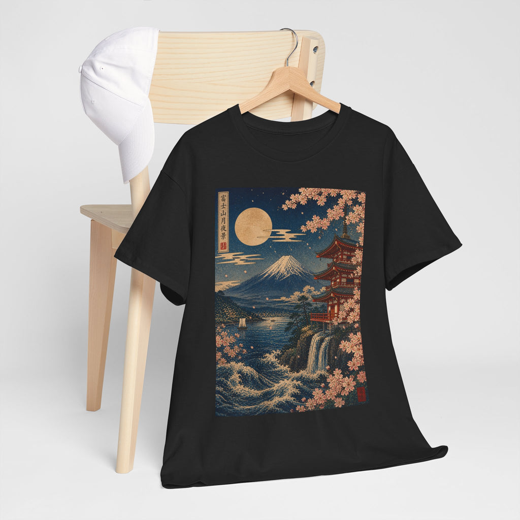 Japanese Landscape T-Shirt — Mount Fuji, Cherry Blossoms & Moon Graphic