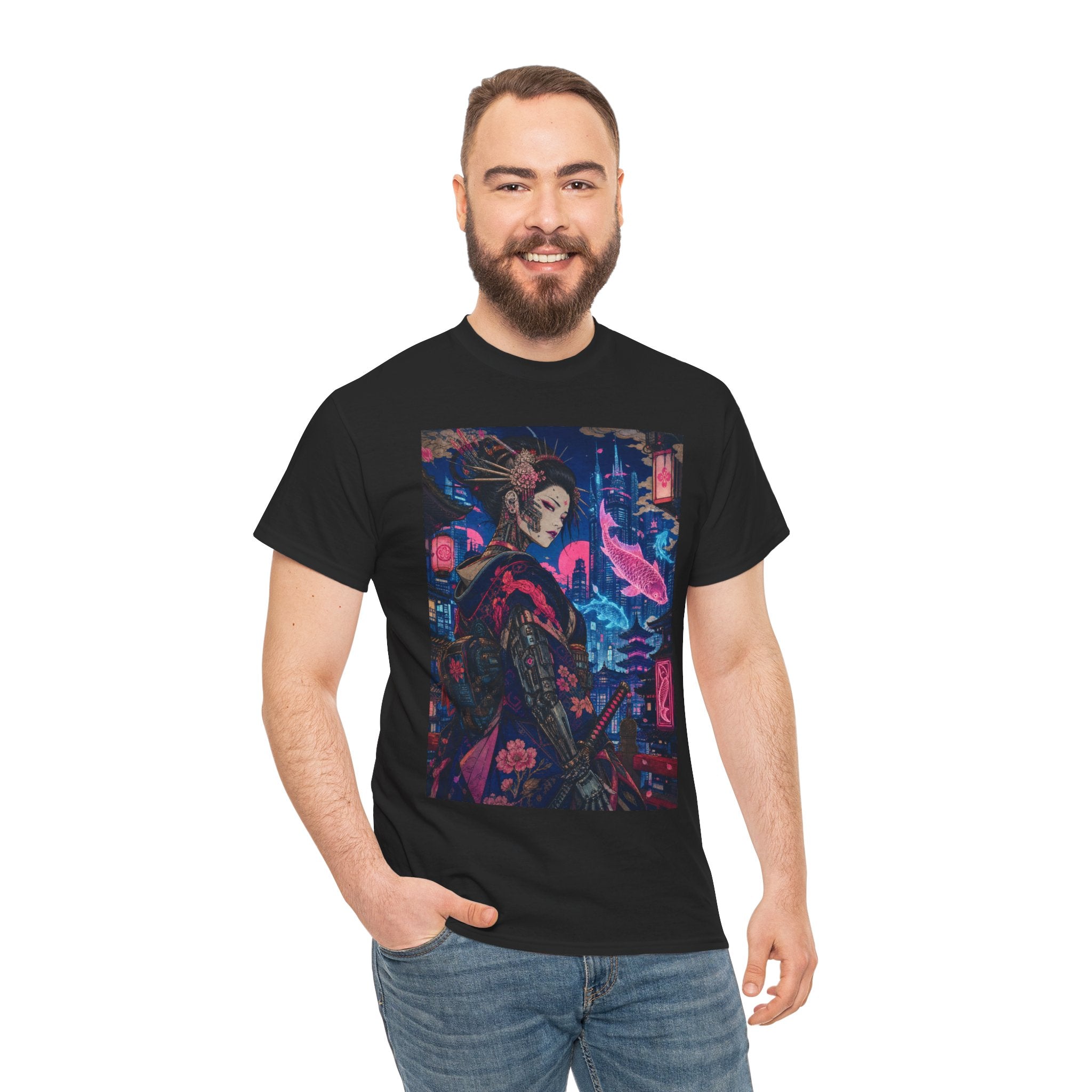 Cyberpunk Geisha Art Tee — Neon Tokyo Samurai Girl Graphic T-Shirt