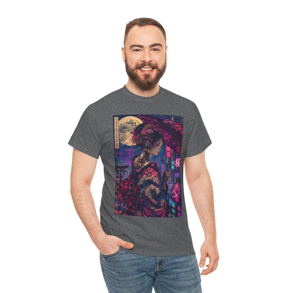 Geisha Neon Nights T-Shirt — Moonlit Sakura Cyberpunk Art Tee - Japanese Streetwear T-Shirt | Tokyo Style X