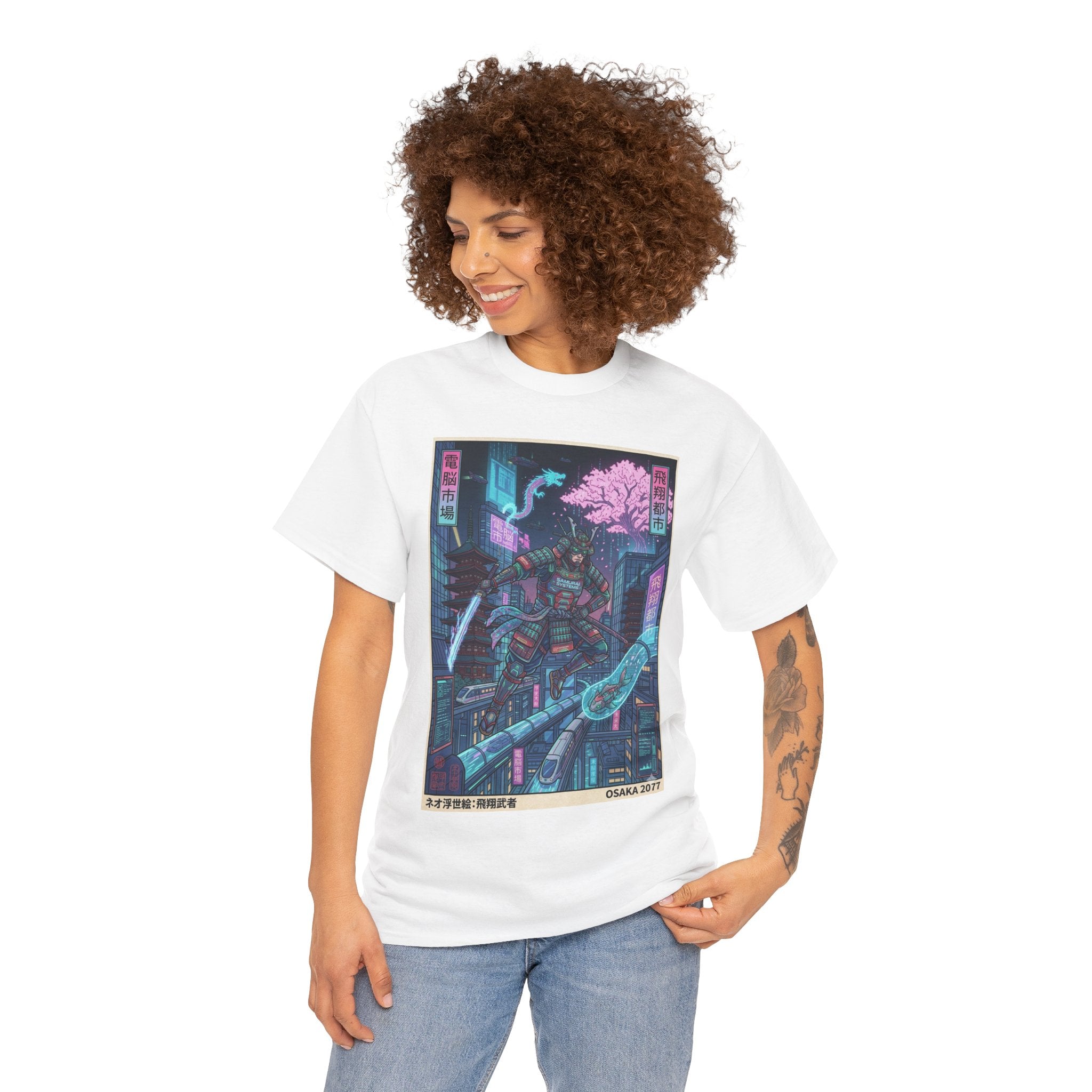 Cyberpunk Samurai T-Shirt — Neon Sakura Blade Graphic Tee - Japanese Streetwear T-Shirt | Tokyo Style X