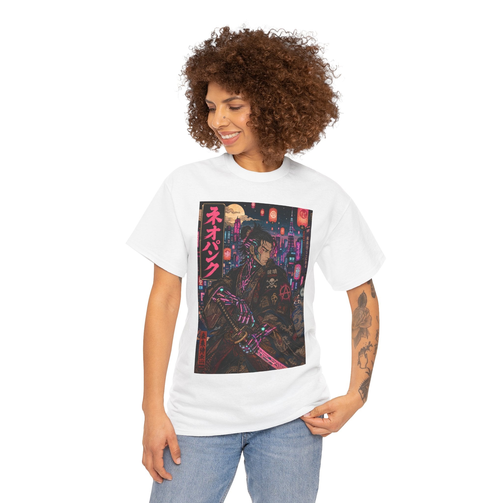 Cyberpunk Samurai T‑Shirt — Neon Night Streetwear with Japanese Text