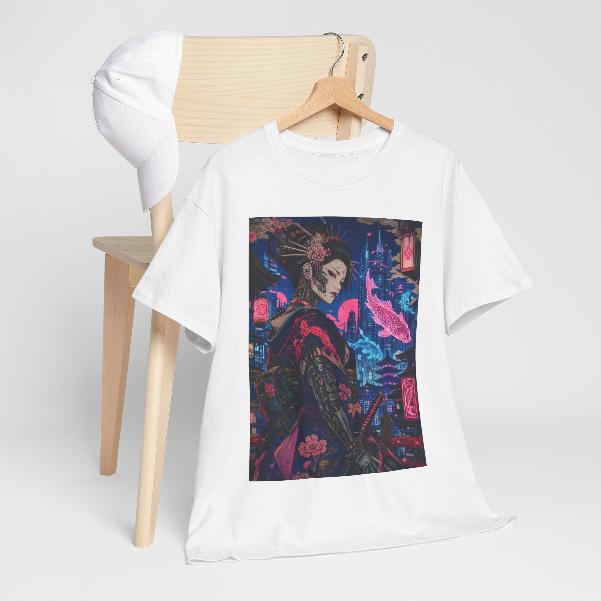 Cyberpunk Geisha Art Tee — Neon Tokyo Samurai Girl Graphic T-Shirt