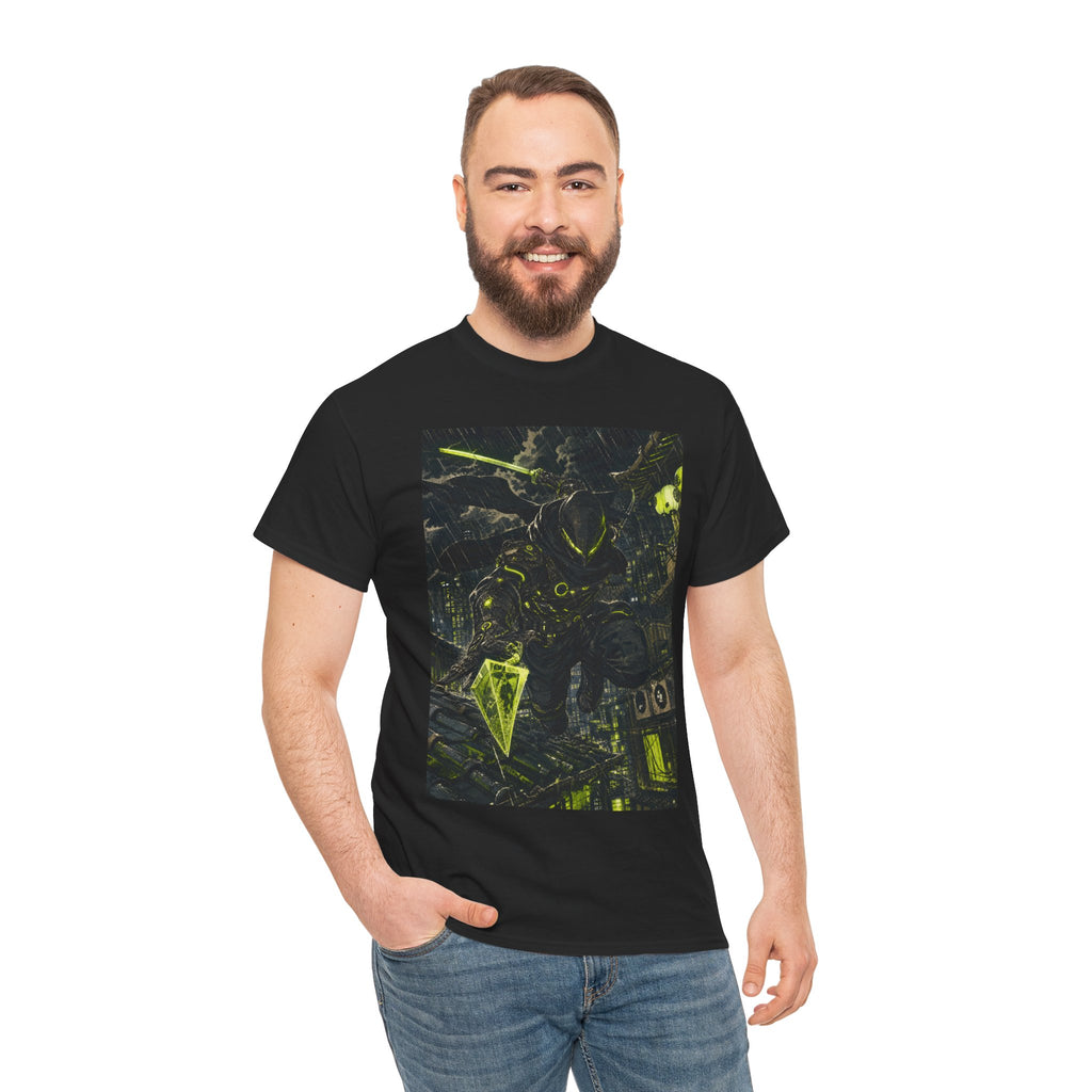 Neon Cyberpunk Graphic Tee — Dark Futuristic Cityscape Design