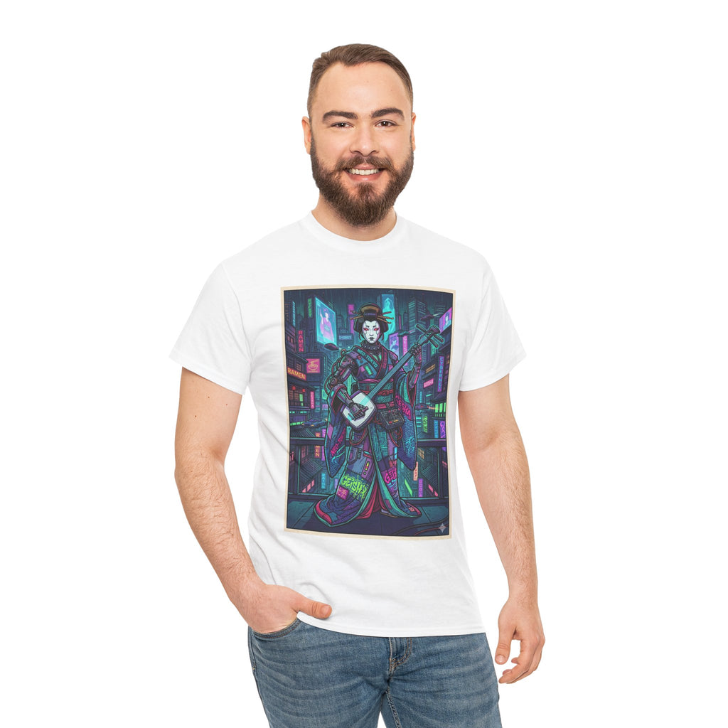 Geisha Synthwave T-Shirt — Neon City Shamisen Art Tee