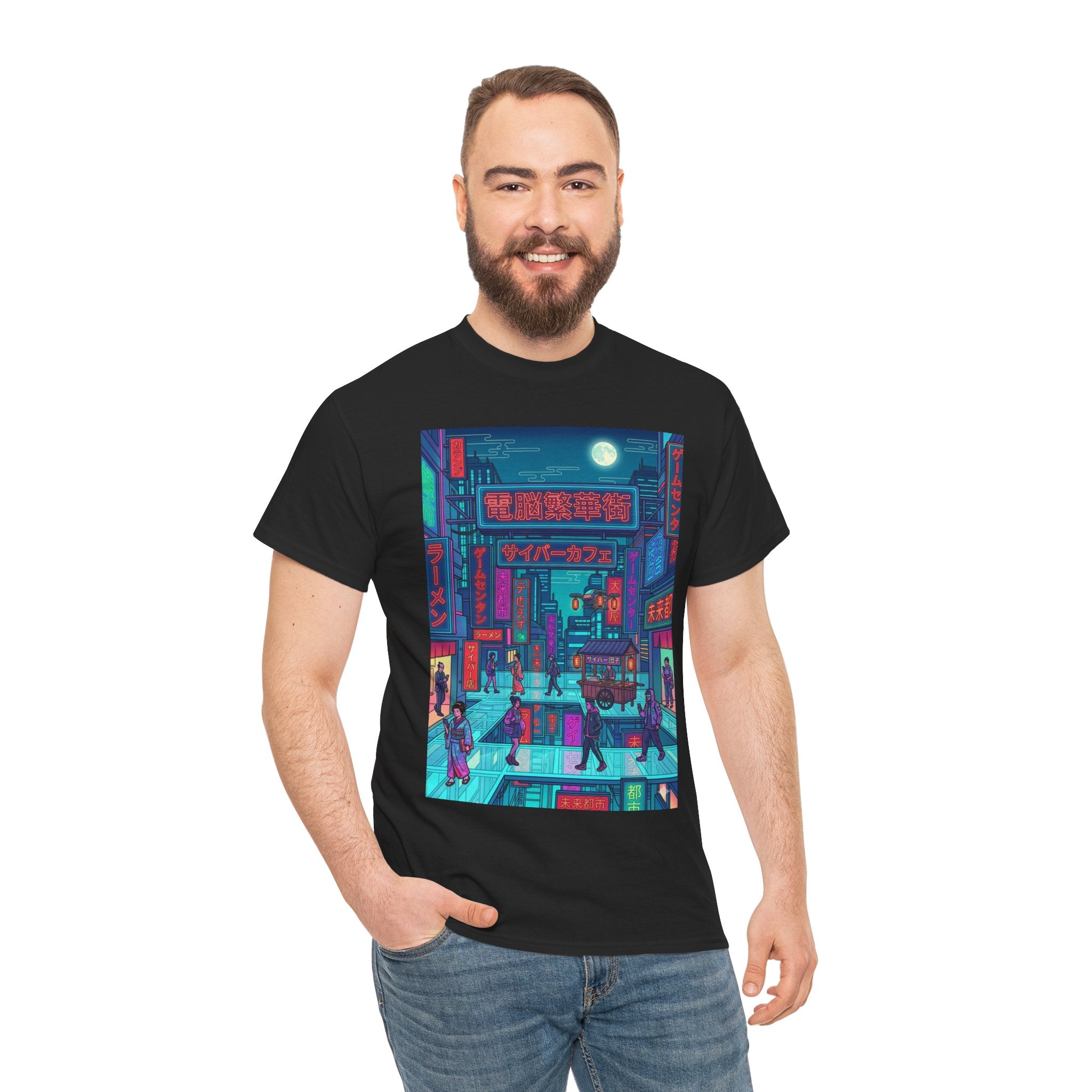Cyberpunk Cityscape Tee — Neon Tokyo Street Scene Graphic T‑Shirt