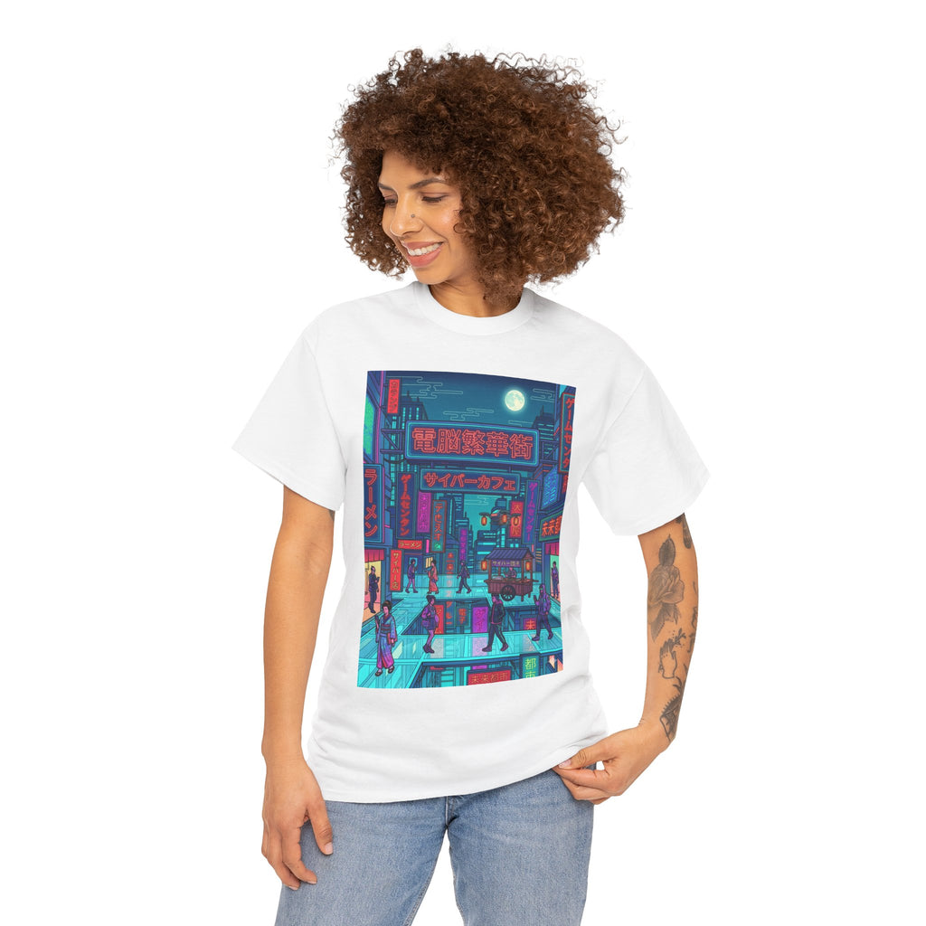 Cyberpunk Cityscape Tee — Neon Tokyo Street Scene Graphic T‑Shirt