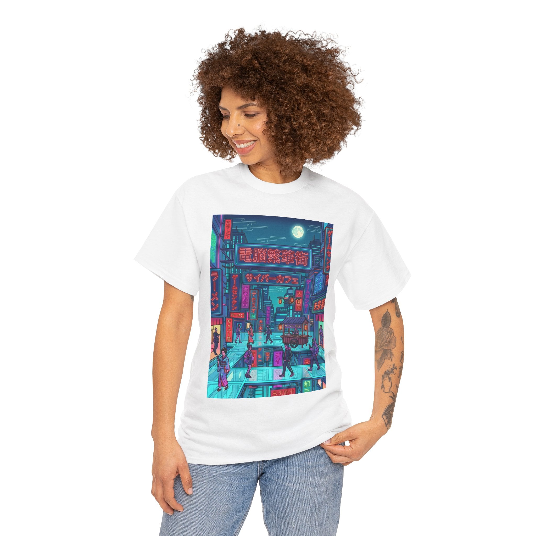 Cyberpunk Cityscape Tee — Neon Tokyo Street Scene Graphic T‑Shirt