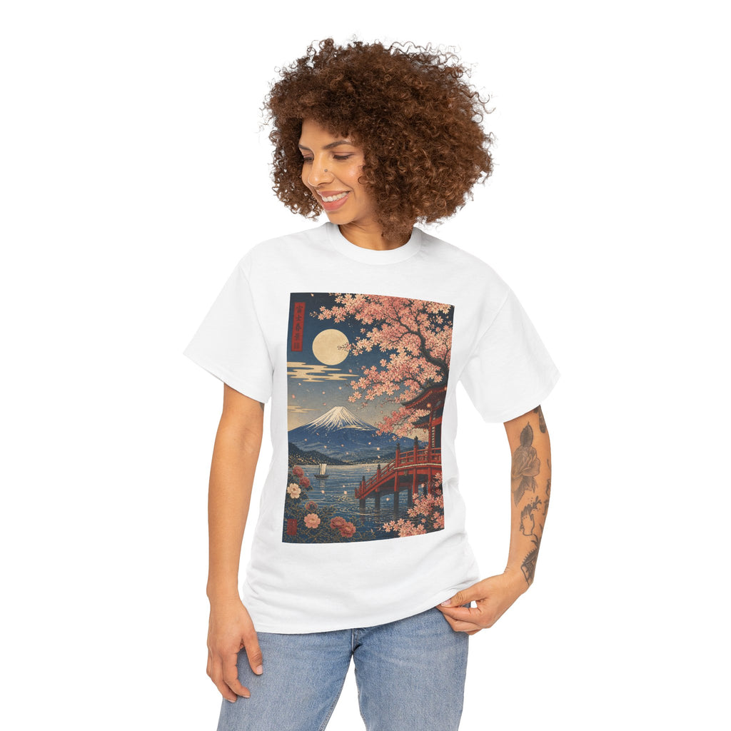 Japanese Cherry Blossom Scenic Tee — Mt. Fuji Sunset Print