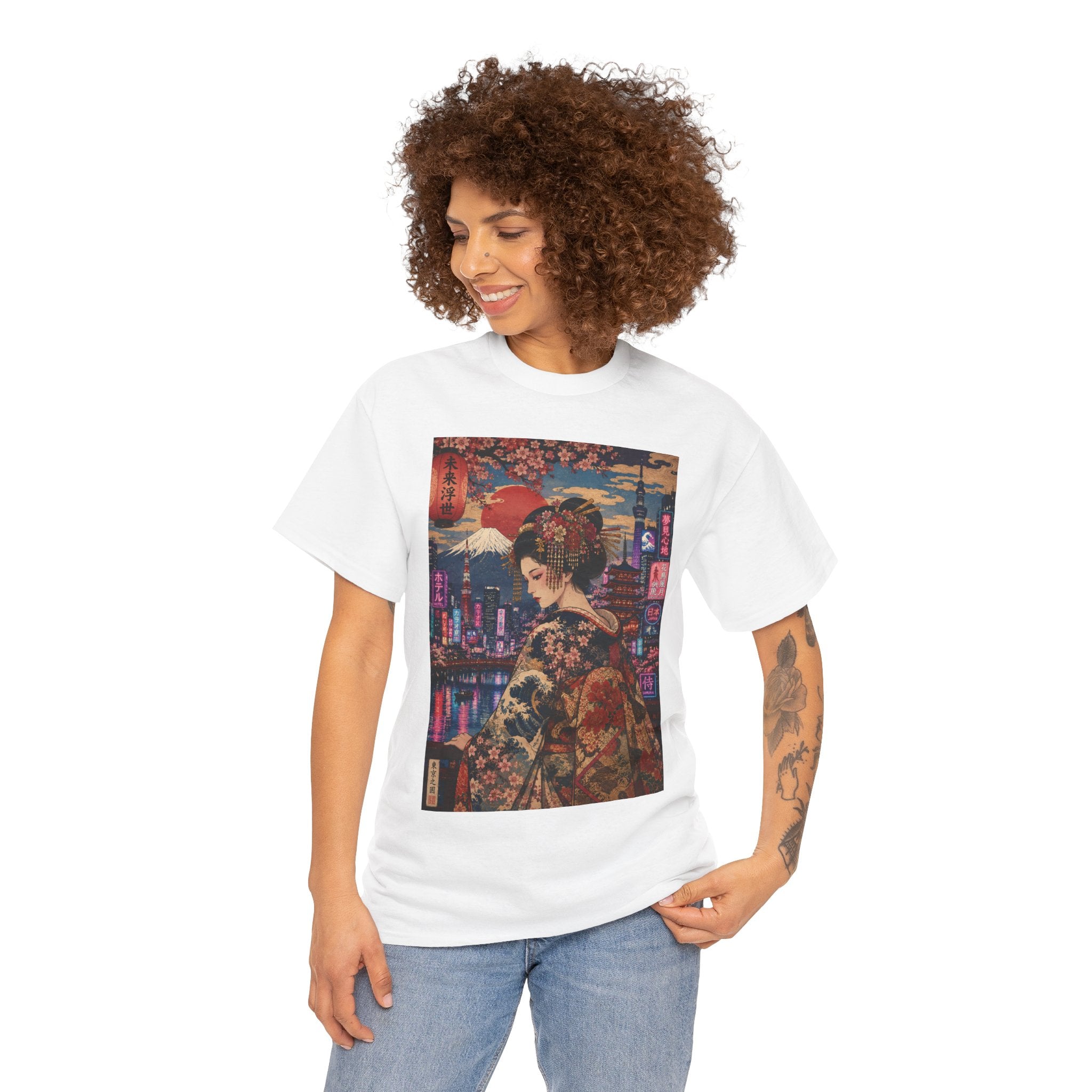 Geisha Cityscape Tee — Vintage Kimono Nighttime Japan Graphic T‑Shirt