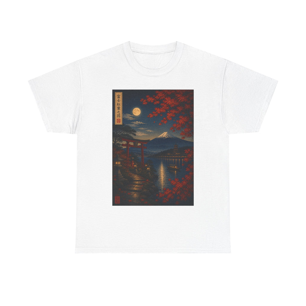 Japanese Nightscape Tee — Moonlit Torii & Autumn Maple Graphic T-Shirt
