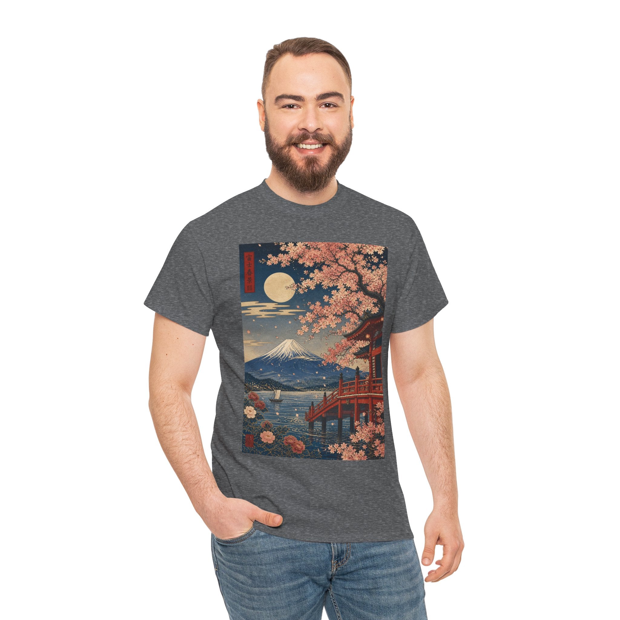 Japanese Cherry Blossom Scenic Tee — Mt. Fuji Sunset Print
