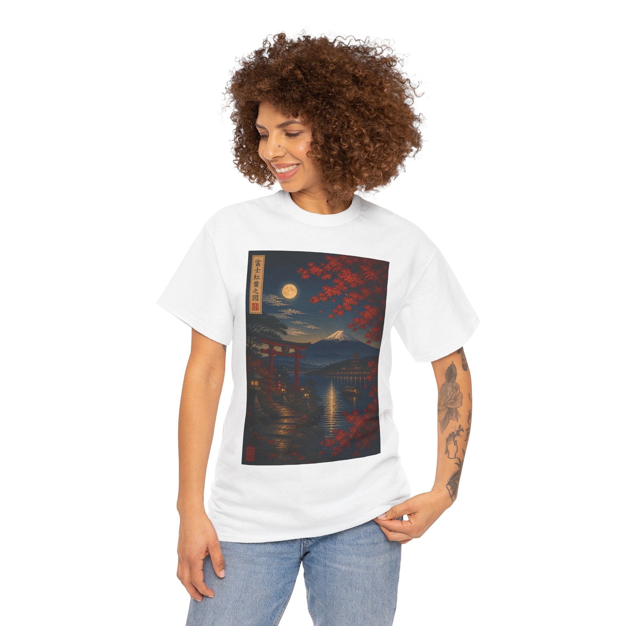 Japanese Nightscape Tee — Moonlit Torii & Autumn Maple Graphic T-Shirt