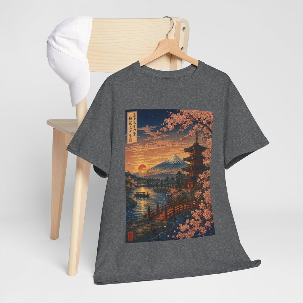 Japanese Sunset Landscape T-Shirt — Mount Fuji, Pagoda & Cherry Blossoms