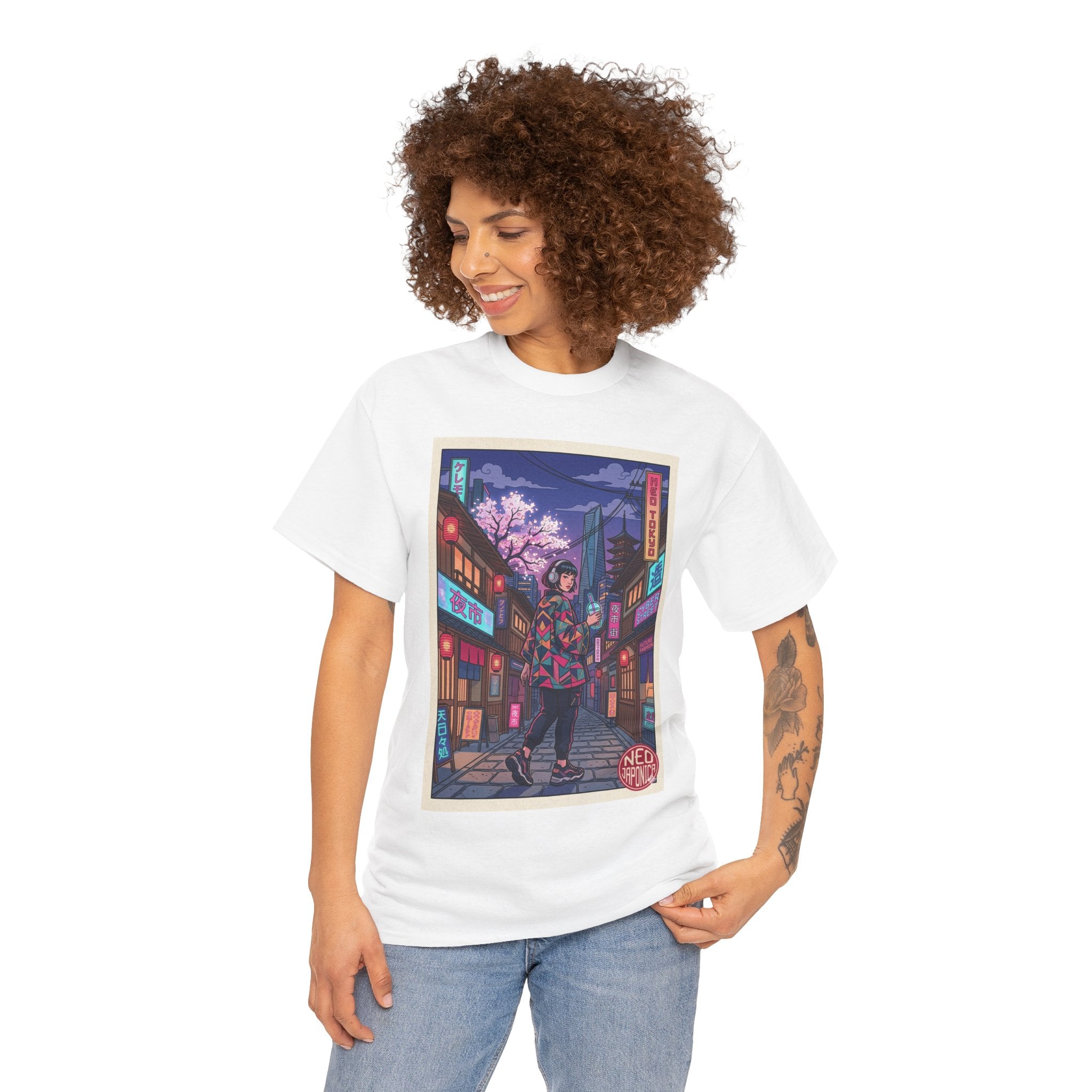 Anime Cyberpunk Streetwear Tee — Neon Night Sakura Print - Japanese Streetwear T-Shirt | Tokyo Style X