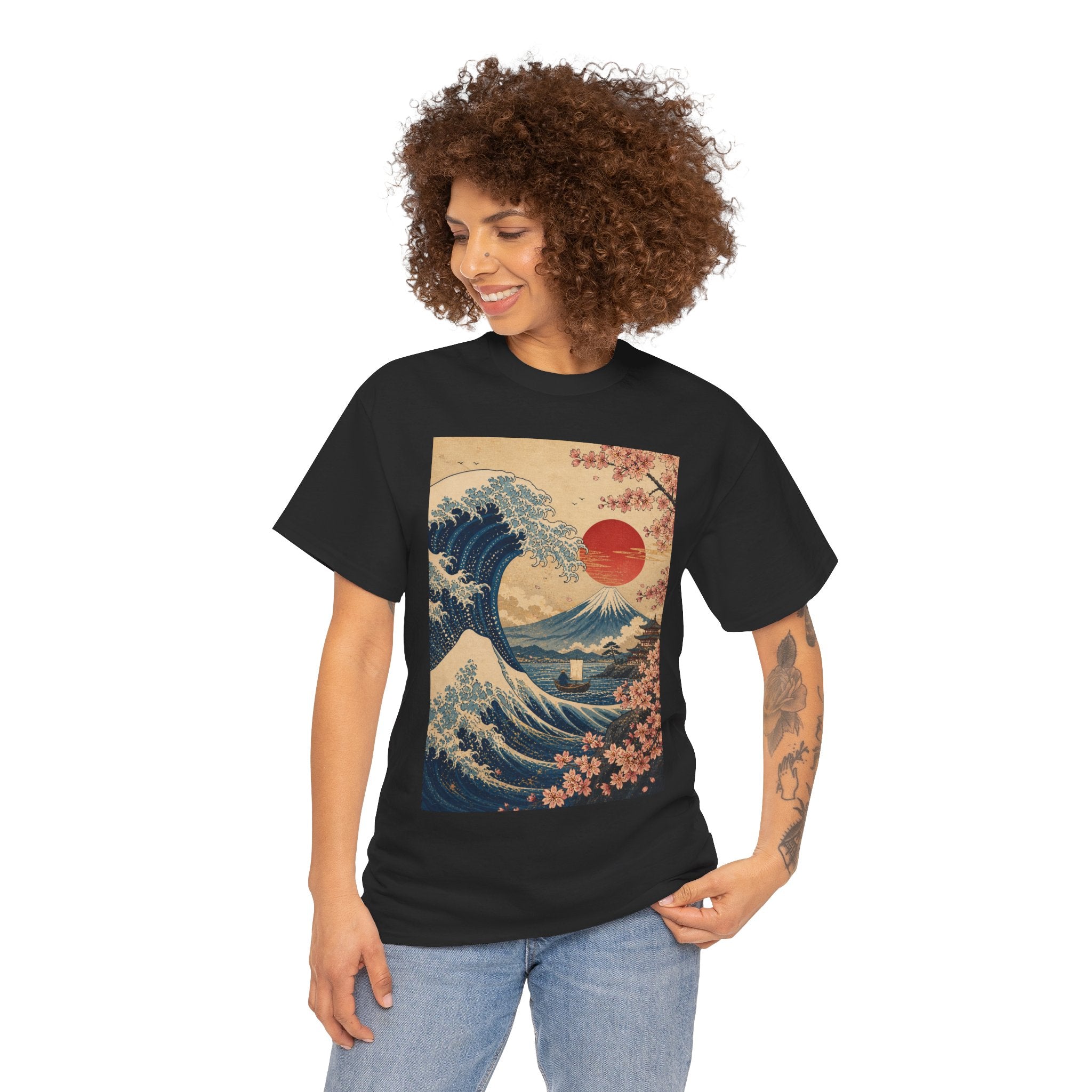 Vintage Japanese Wave Tee — Sakura Sunset Hokusai-Inspired Graphic Shirt