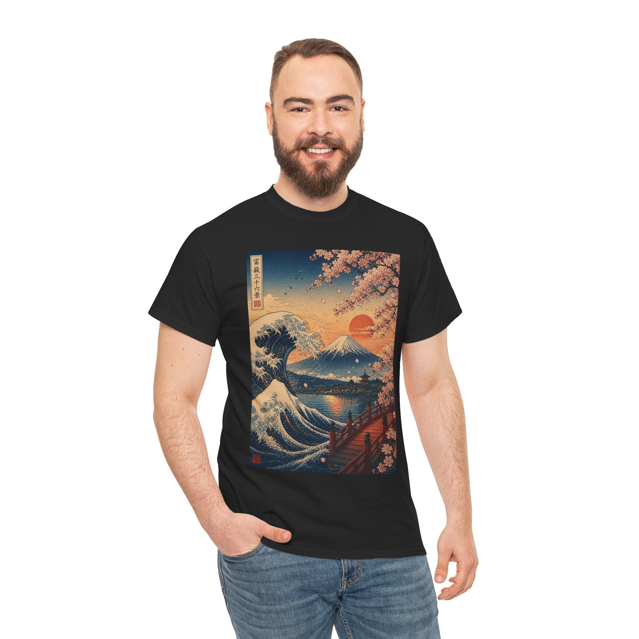 Japanese Wave & Cherry Blossom T-Shirt — Sunset Mount Fuji Graphic Tee